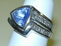 Gorgeous Trillion Cut Tanzanite Bezel Set into a custom Platinum Ring Mounting with Princess Cut Side Diamonds