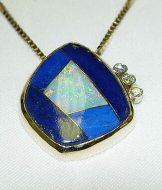 Custom 14K Gold Lapis, Opal, and Diamond Pendant
