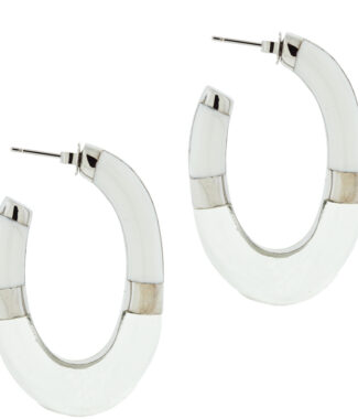 White and clear Silver Overlay J Hoop Earrings