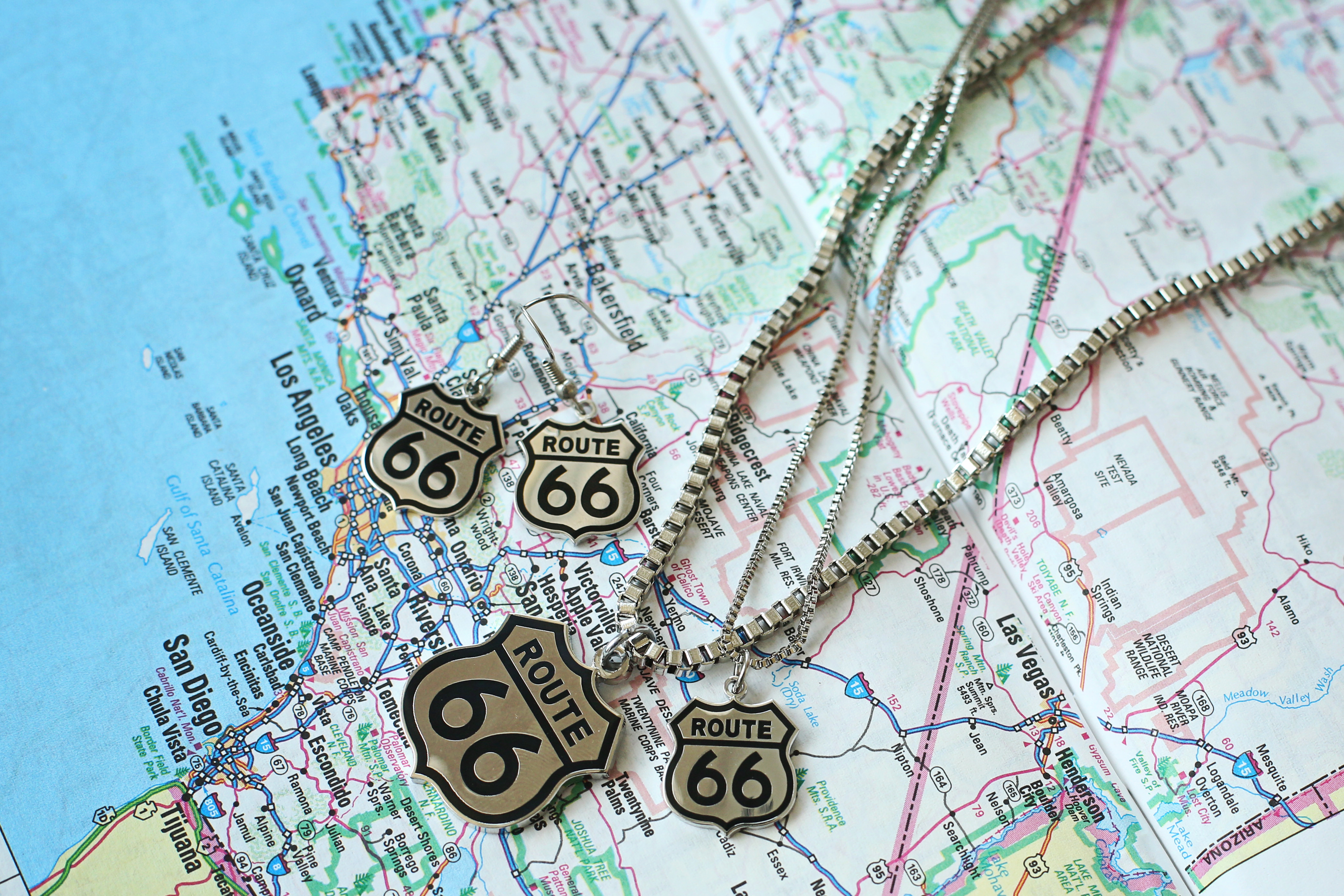 Historic Route 66 Weathered Road Sign Pendants Americana Pendant Necklace USA ROUTE 66 Road Pendant Necklace Biker Jewelry